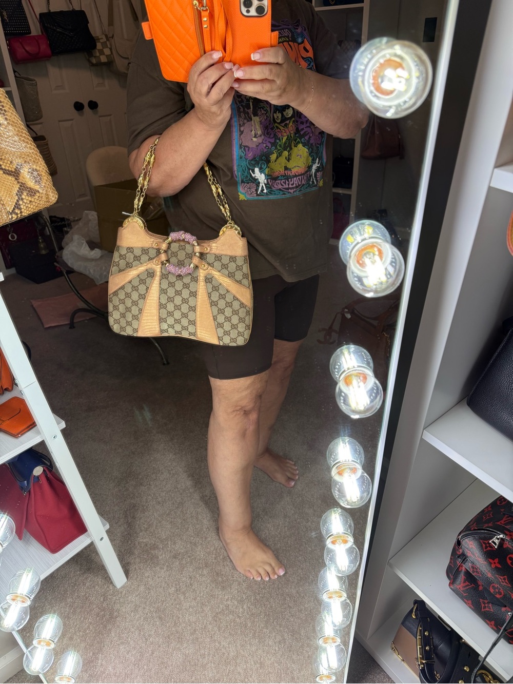 Gucci Tom Ford GG Canvas Shoulder Bag with Lizard Leather Trim and Gold Chains - Picture 10 of 11